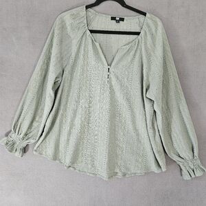 Frye Shirt Women Large Green Textured Peasant Boho Festival Blouse Vneck Balloon